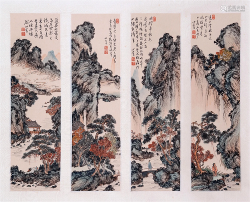 THE CHINESE FOUR PIECES OF LANDSCAPE PAINTING, MARKED BY PUX...