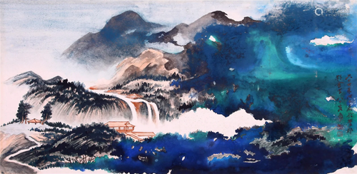 THE CHINESE PAINTING OF COLORED LANDSCAPE, MARKED BY ZHANGDA...