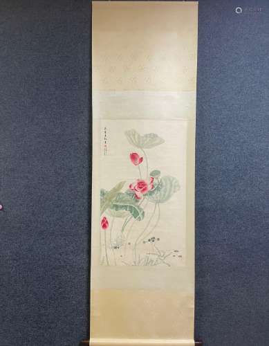 A Vertical-hanging Lotus Flower Chinese Ink Painting by Song...