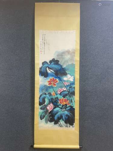 A Vertical-hanging Lotus Flower Chinese Ink Painting by Zhan...