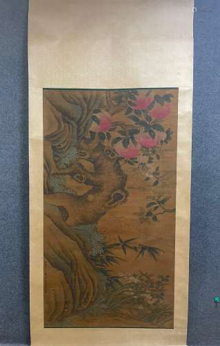 A Vertical-hanging Peach Chinese Ink Painting by Bian Jinzha...
