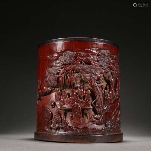 Bamboo Carved Character Story Brush Pot by Gu Jue