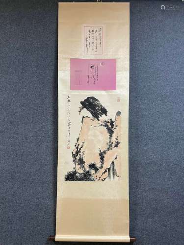A Vertical-hanging Eagle Chinese Ink Painting by Pan Tiansho...