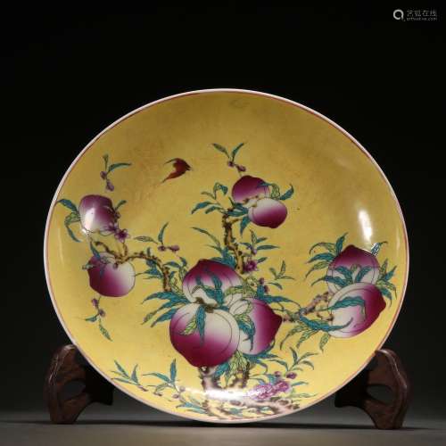Chinese Qing Dynasty    Yellow Famille Rose Peach Pattern Pl...