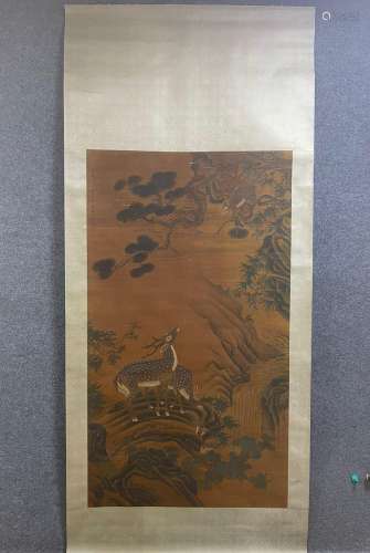 A Vertical-hanging Deer Chinese Ink Painting by Shen Quan