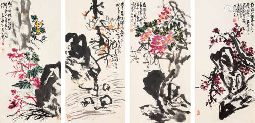 王个簃 癸亥（1983）年作 花卉四条屏 设色纸本 立轴