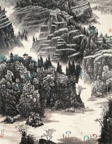 白雪石 辛酉（1981）年作 山水 设色纸本 托片