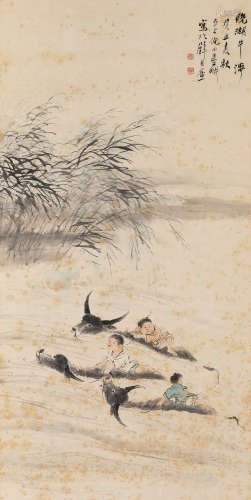 倪田 癸丑（1913）年作 晚湖牛涉 设色纸本 立轴