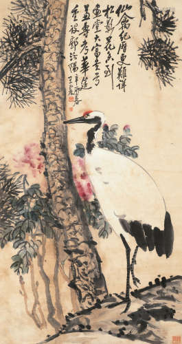 王震 辛酉（1921）年作 松鹤图 设色纸本 立轴