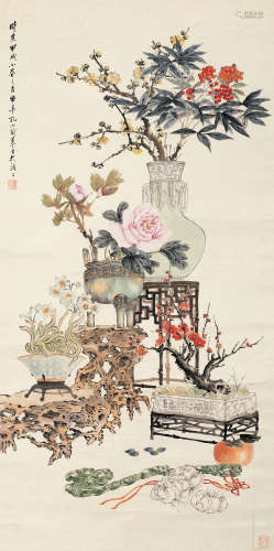 孔小瑜 甲戌（1934）年作 博古 设色纸本 立轴