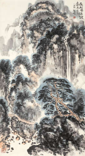 邱陶峰 壬戌（1982）年作 长松飞瀑图 设色纸本 托片