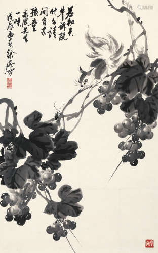徐湛 戊辰（1988）年作 松鼠葡萄 水墨纸本 托片