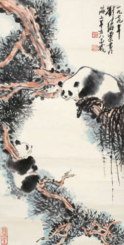 刘海粟 己未（1979）年作 松间嬉戏图 设色纸本 立轴
