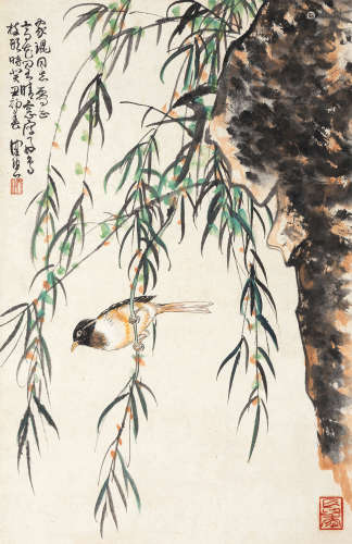 陈佩秋 癸丑（1973）年作 柳鹊图 设色纸本 立轴