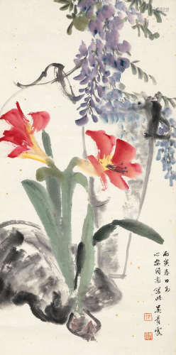 吴青霞 丙寅（1986）年作 花卉 设色纸本 立轴