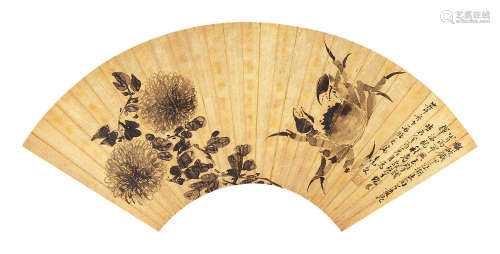 达受 癸酉（1813）年作 蟹菊图 水墨纸本 扇面