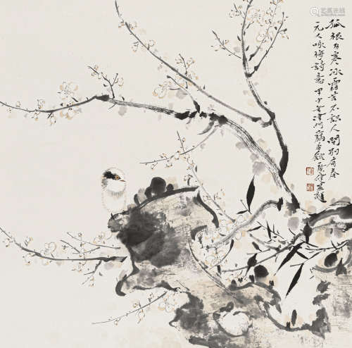 贾广健甲申（2004）白梅小鸟设色纸本托片