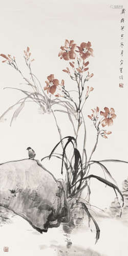 刘文生癸巳（2013）牵牛小鸟设色纸本托片