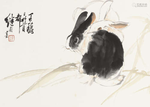 刘继卣 丁巳（1977） 双兔 设色纸本 镜心