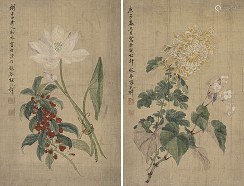 张兆祥 庚子（1900） 花卉对屏 设色绢本 立轴