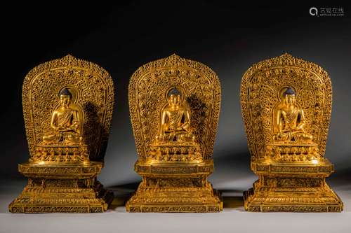 Qing Dynasty of China, Bronze Gilt Buddhist Trinity Statue