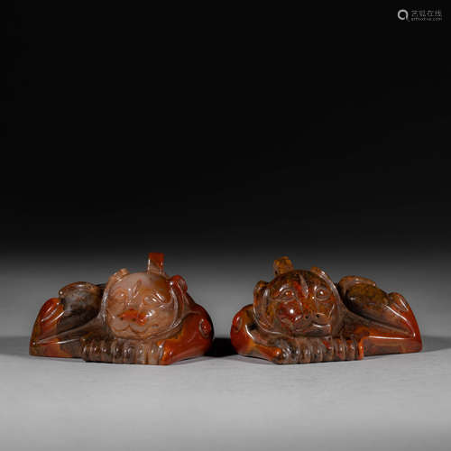 A Group Han Dynasty of China,Nanjiang Red Agate Lion Paperwe...