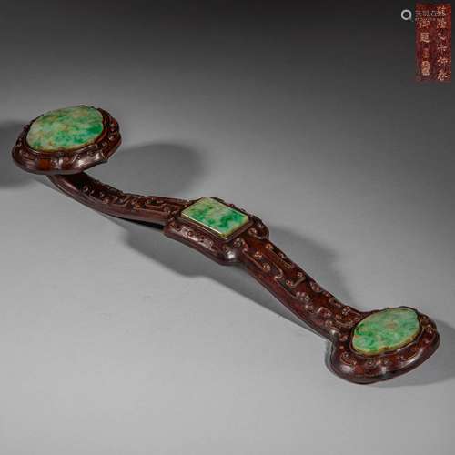 Qing Dynasty of China,Rosewood Inlaid Jadeite Ruyi