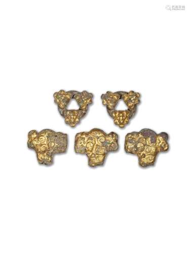 戰國 青銅包金飾件 一組五件