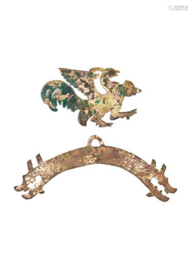 六朝 青銅鎏金錘揲龍鳳飾 一組兩件
