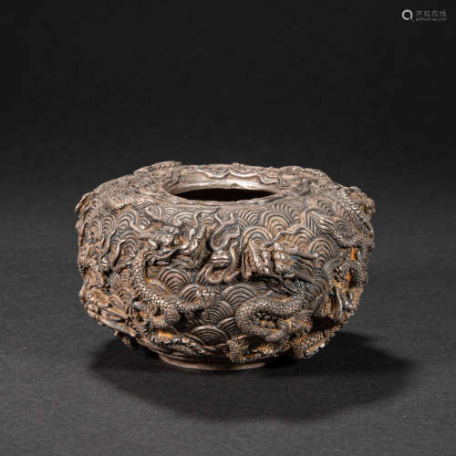 CHINESE STERLING SILVER DRAGON PATTERN JAR, LIAO DYNASTY