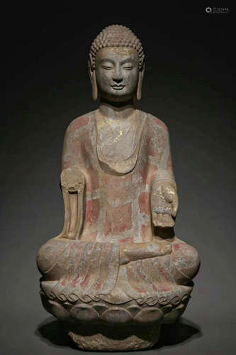 CHINESE BLUESTONE PAINTED GOLD BUDDHA STATUE, NORTHERN QI