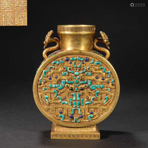 CHINESE COPPER GILDED FLAT BOTTLE, QING DYNASTY