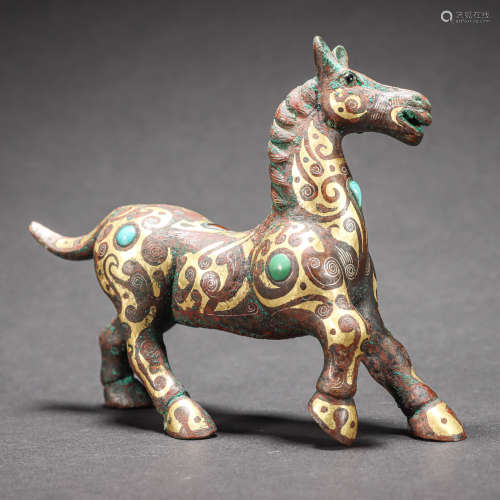 CHINESE BRONZE INALID WITH GOLD HORSE, HAN DYNASTY