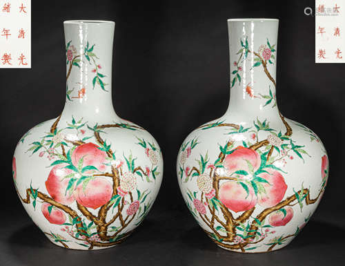 A PAIR OF CHINESE FAMILLE ROSE CELESTIAL BALL BOTTLES, QING ...