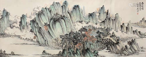 A Vertical-hanging Landscape Chinese Ink Painting by Huang B...