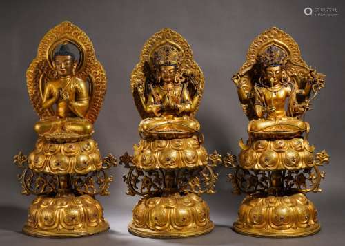 A Set of Three Tibetan Bronze-gilt Trinity Buddhas