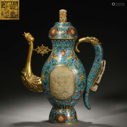 A Chinese Jade Inlaid Cloisonne Enamel Kettle