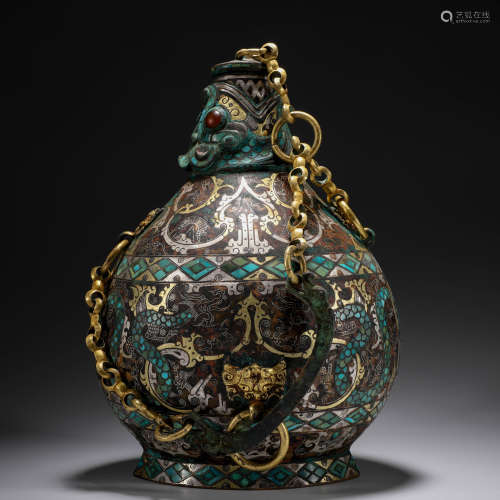 A Chinese Gold and Silver Inlaid Bronze Wine Vessel Hu