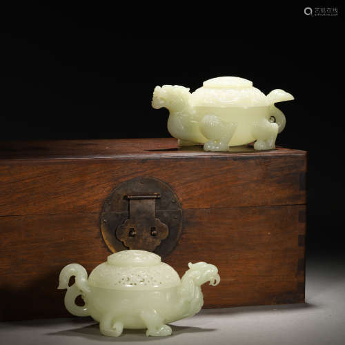Pair Chinese Carved White Jade Incense Burners