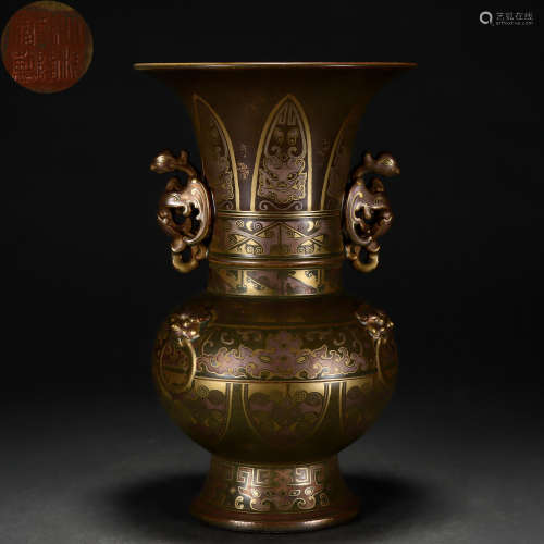A Chinese Tea-dust Glaze and Gilt Beaker Vase Gu