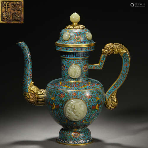 A Chinese Jade Inlaid Cloisonne Enamel Kettle