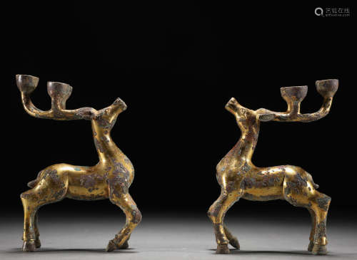 Pair Chinese Bronze Gilt Deers