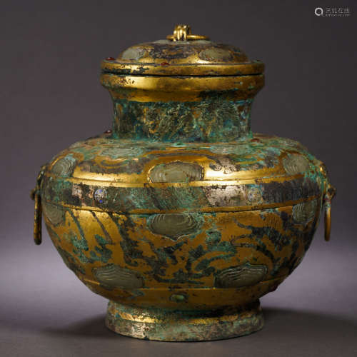 A Chinese Jade Inlaid Bronze-gilt Jar with Cover