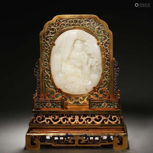 A Chinese Carved Jade Inlaid Bronze-gilt Table Screen