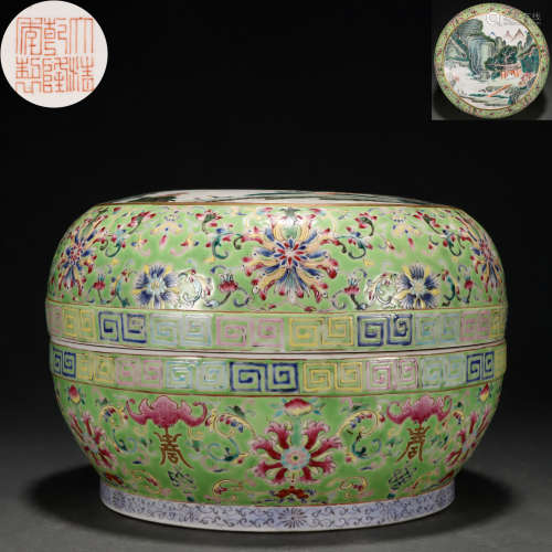 A Chinese Famille Rose Landscape Box with Cover