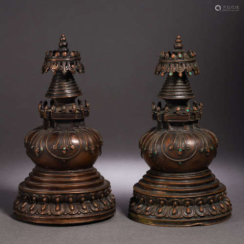 Pair Tibetan Hard-stones Inlaid Bronze Stupa