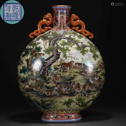A Chinese Famille Rose Tigers Vase Bianhu