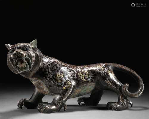 A Chinese Gold and Silver Inlaid Bronze Tiger