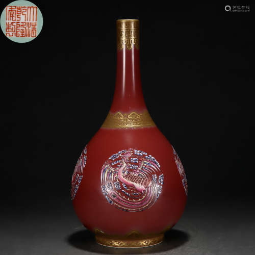A Chinese Famille Rose Phoenix Bottle Vase