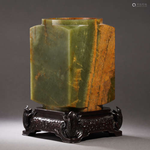 A Chinese Carved Celadon Jade Cong